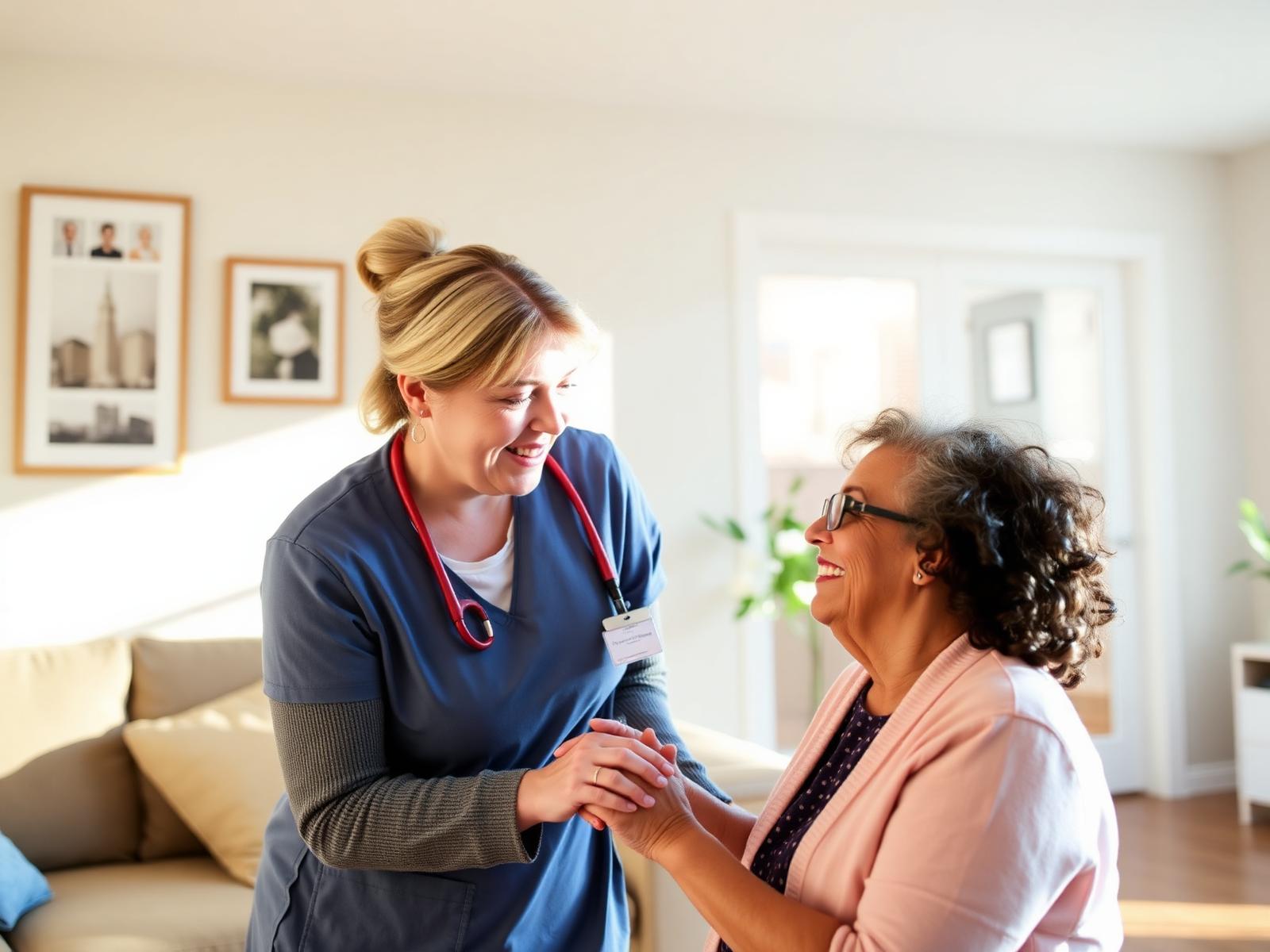 A home health aide caring for a smiling senior at home