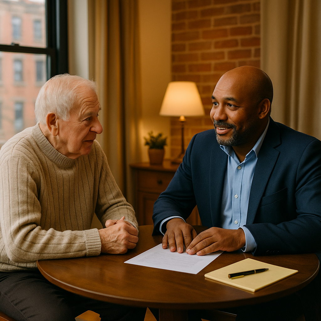 African American insurance broker advising senior client at cozy NYC apartment table during Medicare consultation