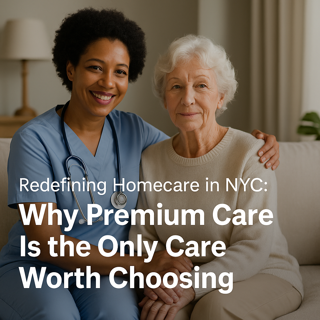 Smiling homecare nurse in blue scrubs embracing elderly woman on a couch in NYC, promoting premium in-home care services”
